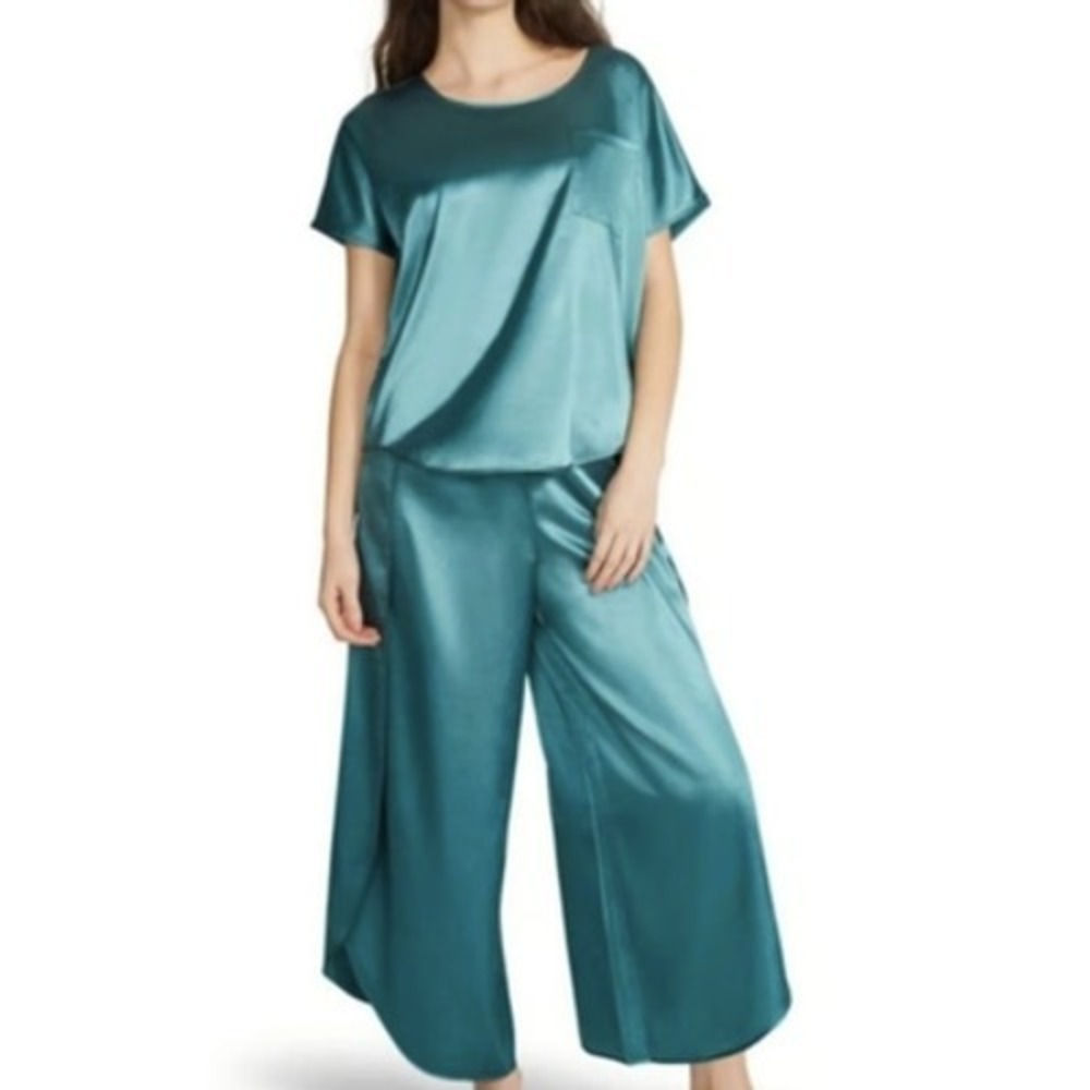BB Dakota Lounge Set Womens Small Blue Satin Short Sleeve Top Wide Leg Pajamas